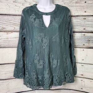 Ultra Pink Women’s Teal Lace Overlay Long Sleeve Blouse Top L